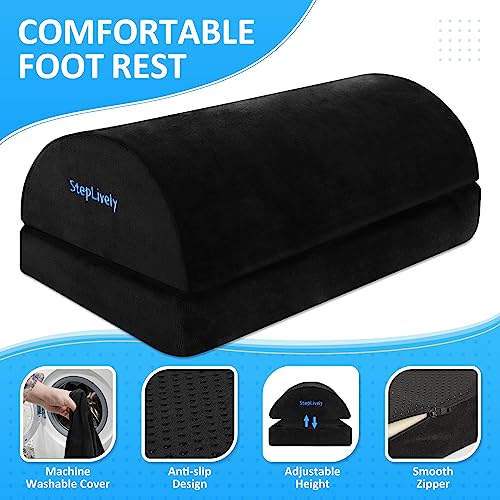 Image of StepLively Foot Rest for Under Desk at Work, Comfortable Foot Stool with 2 Adjustable Heights, Footrest with Washable Cover, for Back & Hip Pain Relief, Suitable for Office, Home, Car, Black, X-Large
