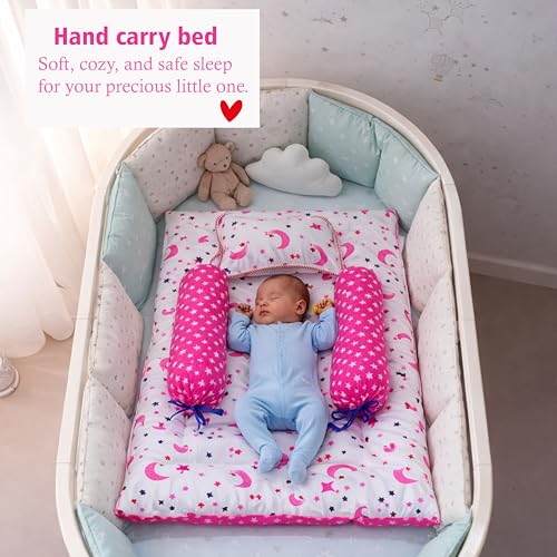 Image of Fareto Combo of Baby Bed with Net | Carry Bag | 4 Pcs Bedding Set (0-6 Months, Baby Size, Cotton) (Pink Moon)