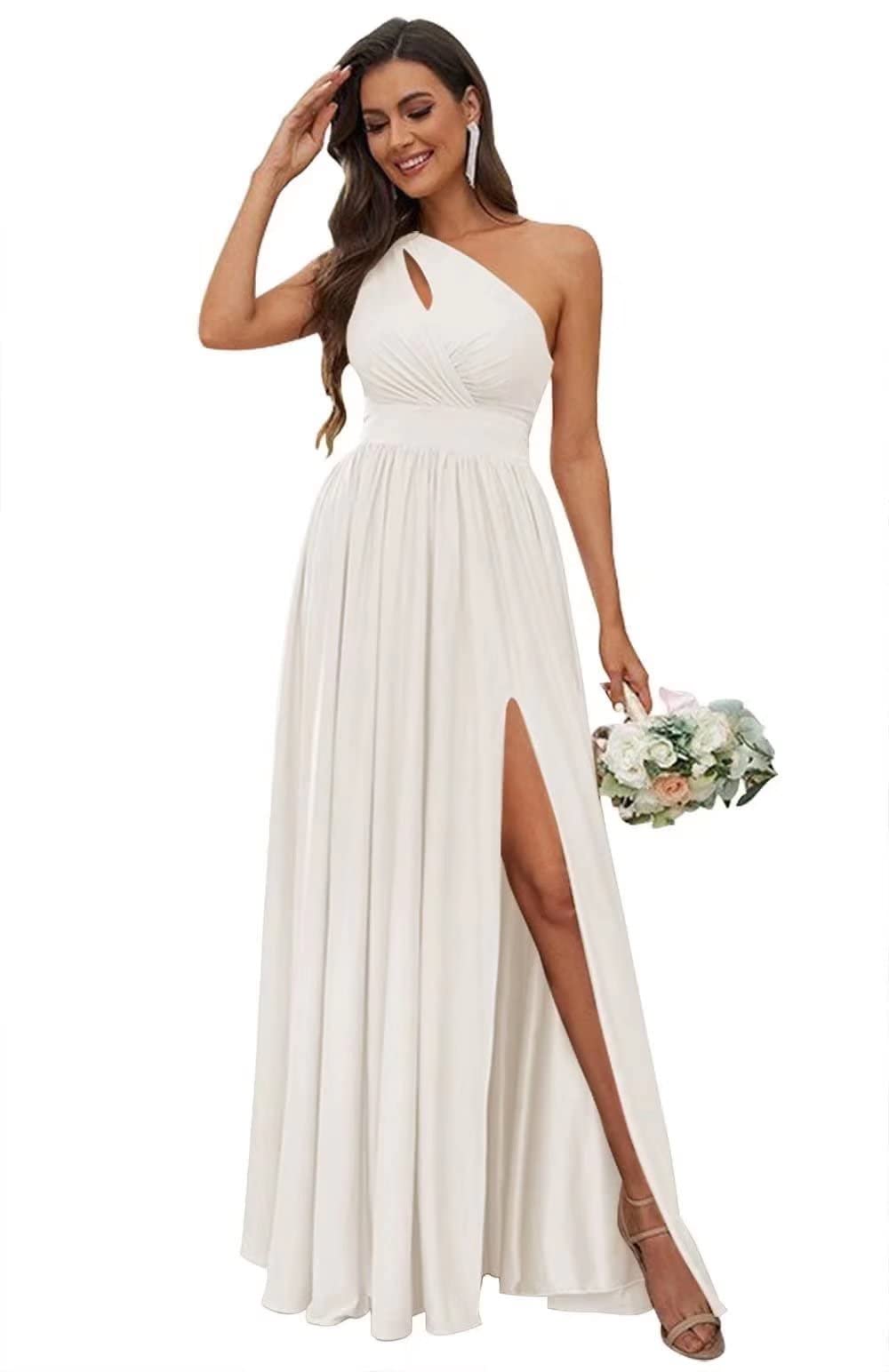 Women's One Shoulder Bridesmaid Dresses for Wedding Split Satin Prom Dress Ball Gown with Pockets