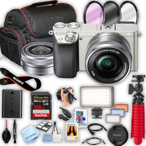 Sony a6000 Mirrorless Camera with 16-50mm Lens + 128GB Pro Speed Memory + Led Video Light + Filters +Case + Tripod - Pro Bundle (Renewed)