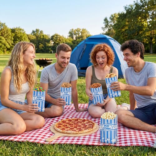 Image of Potchen 300 Pcs Popcorn Paper Bags Disposable Grease Resistant Striped Popcorn Container for Movie Night Carnival Party Theater(Blue,1 oz)