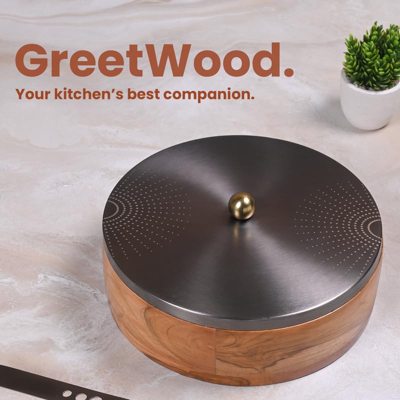 Image of Wooden Chapati Box for Kitchen - Casserole for Roti with Stainless Steel Brass Lid | Wooden Chapati Box with 1 Tong | Traditional Kitchen Organizer - GunMetal (SunRays Laser Etching)