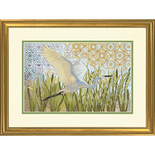Image of Dimensions 70-35411 Egret in Flight Counted Cross Stitch Kit for Beginners, 14 inch x 9 inch, 14 Cnt. Light Blue Aida, 4pcs