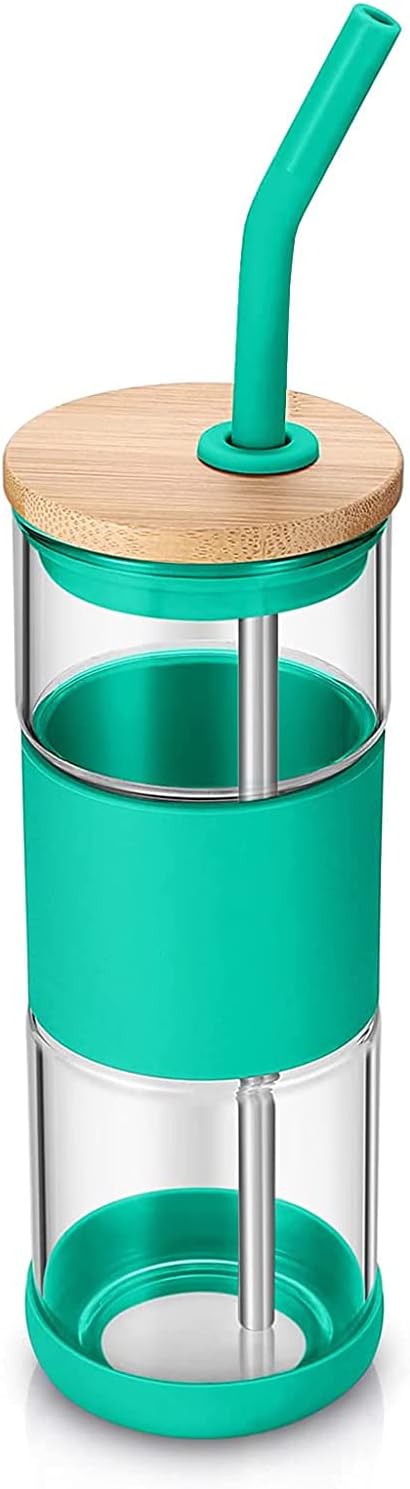 tronco Glass Tumbler with Bamboo Lid and Straw,20OZ Reusable Iced Coffee Cup With Silicone Sleeve,Smoothie Cups,Clear Glass Travel Water Bottle，Dishwasfer Safe,Spill Proof