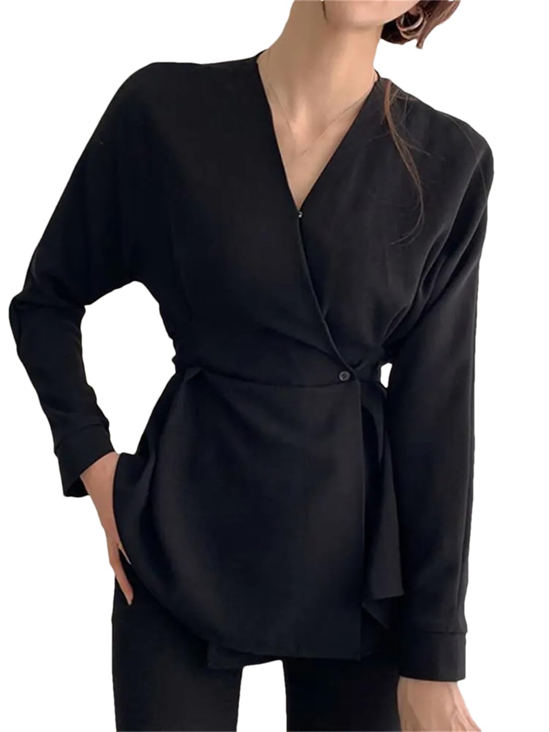 Camisa de verano para mujer, estilo informal, para oficina, color liso, cuello en V, túnica de manga larga