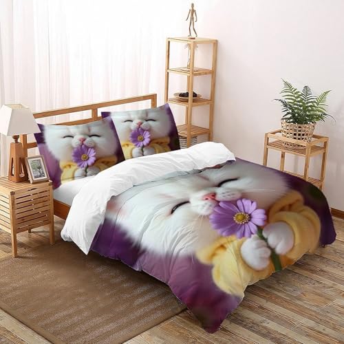 Housse de couette imprimé 3D chat et fleurs grand lit king size