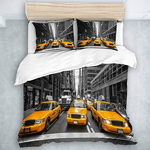 SUHETI Taxi Jaune New York City Cab Highrise Building Vue de la Ville créative，Housse de Couette en Microfibre, 200x200cm+2 taies d'oreillers 50x75cm