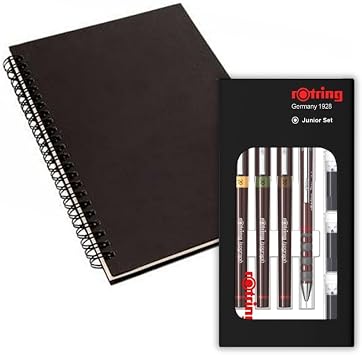 rOtring Isograph S0699320 Junior Set 3x Technical Pens | 0.20mm, 0.30mm, 0.50mm Fineliner Pens + Accessories with Notebook