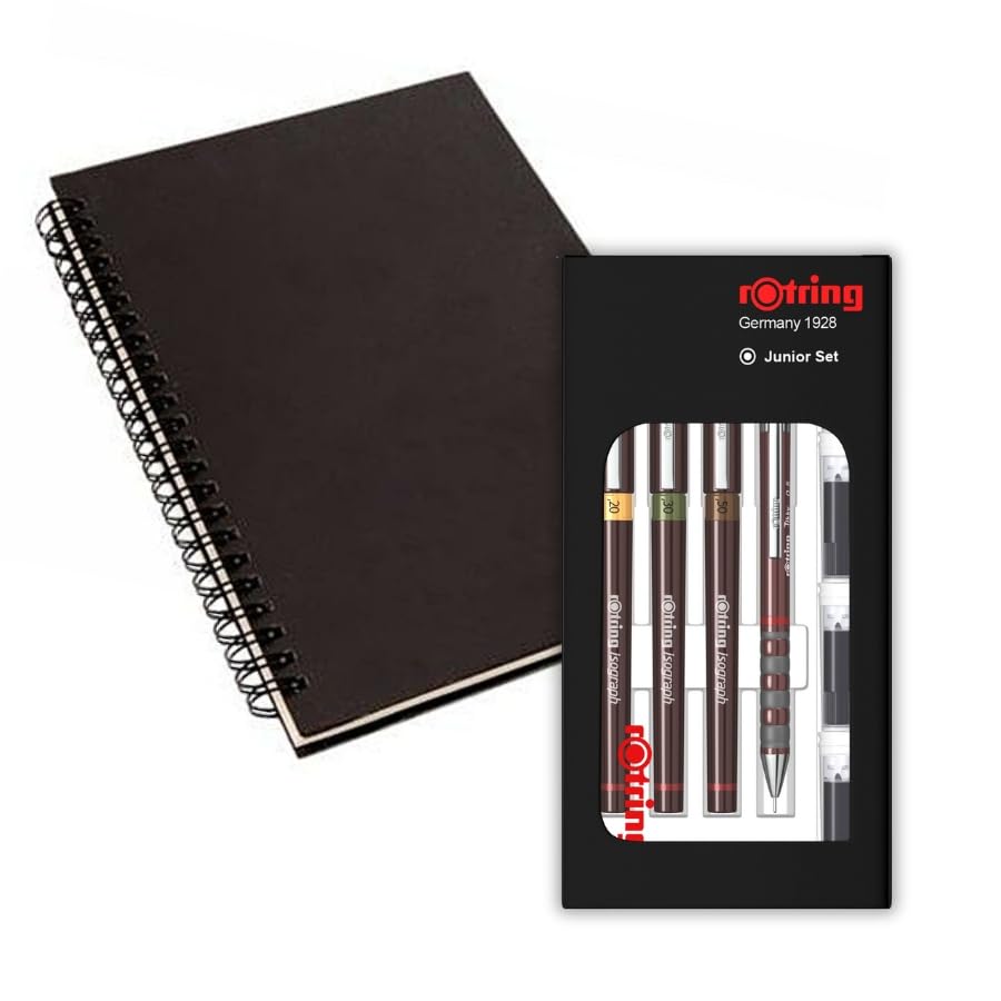 rOtring Isograph S0699320 Junior Lot de 3 stylos à pointe fine 0,20 mm, 0,30 mm, 0,50 mm + accessoires avec carnet
