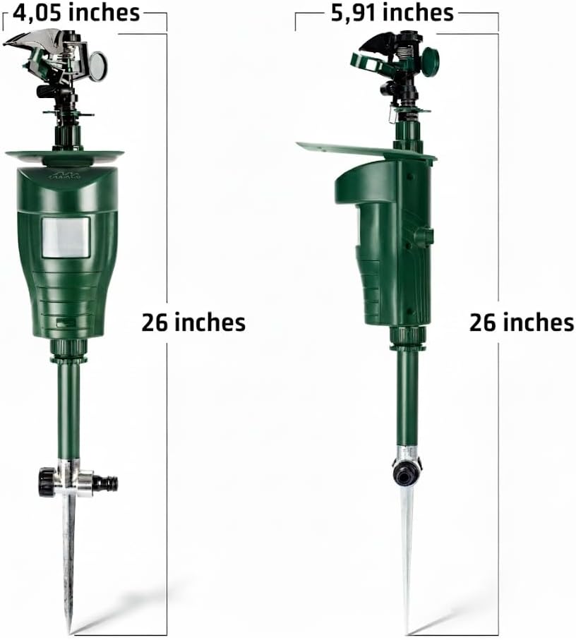 Diagram showing the dimensions of the GARDIGO Water Jet Animal Repellent: 4.05 inches width, 5.91 inches depth, 26 inches height