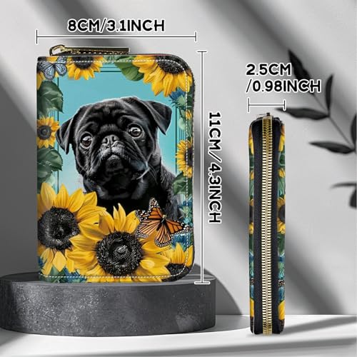 Image of Cute Credit Card Holder with Zipper, Sunflower Pug RFID-Blocking Card Case Small Wallet for Women Men, Multi-slot Card Organizer Case Travel Accordion Wallet