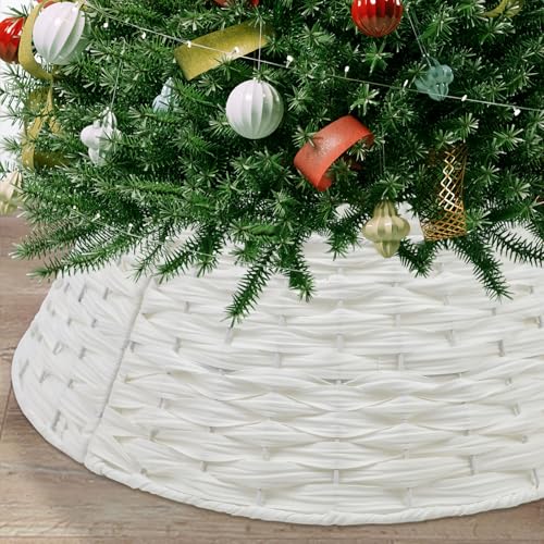 Kusamue Christmas Tree Collar, 23.6' D Round Christmas Tree Base Cover, Plastic Rattan Tree Collar, Christmas Tree Ring for Artificial Trees, Christmas Tree Skirt for Christmas Decorations (White)