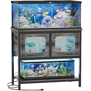40-50 Gallon Fish Tank Stand with LED Light and Outlet, Heavy Duty Metal Aquarium Stand with Cabinet and Accessories Storage, Reptile Tank Turtle Terrariums Table Stand Hold 880LBS, Grey Oak