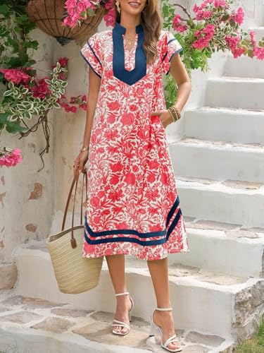 Image of Wenrine Womens Summer Floral Maxi Dress Casual Short Cap Sleeve V Neck Color Block Side Slit Loose Boho Beach Dresses