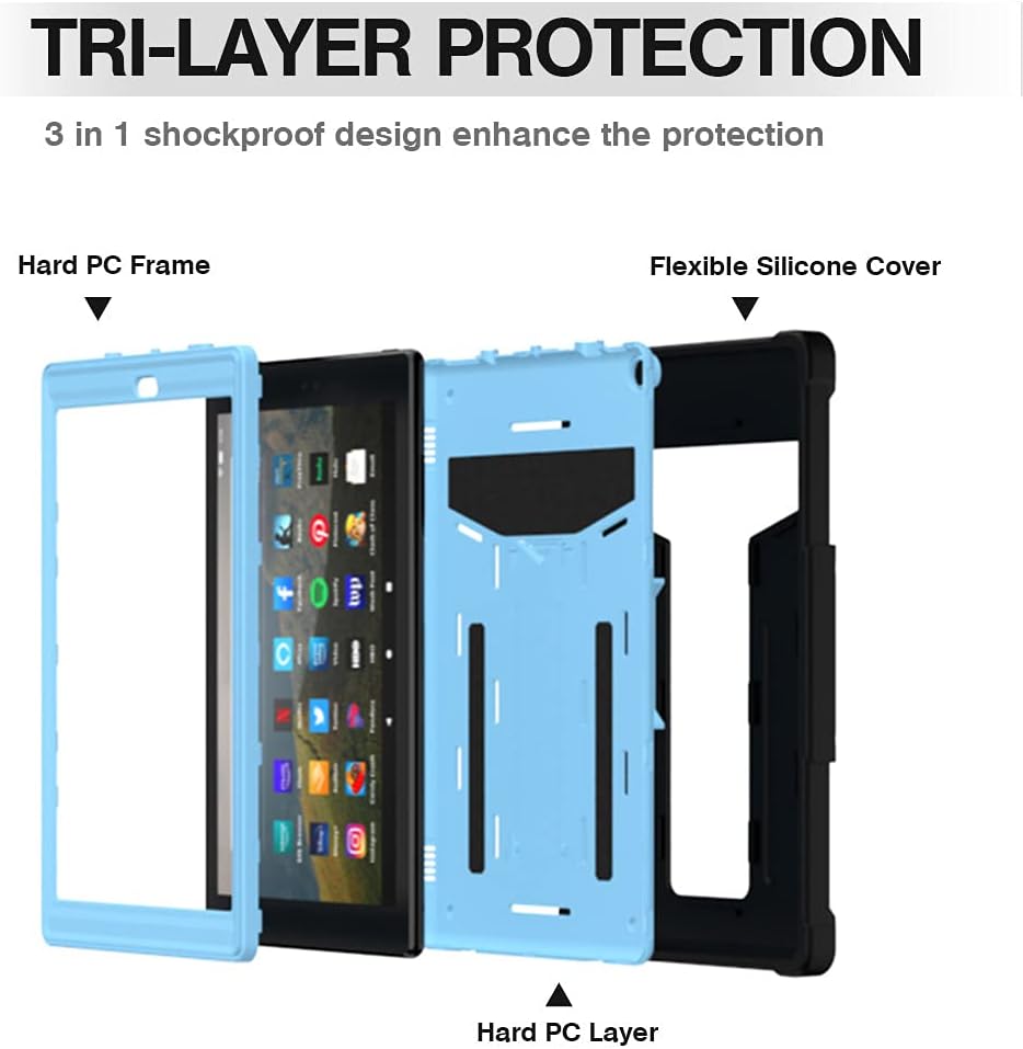Shockproof Case for Fire HD 10 Tablet (7th/9th Generation, 2017/2019 Version), Techcircle Multi-Angle Heavy Duty Bumper Defender Child Proof Rugged Case w/Kickstand Silicone Hybrid Cover, Black+Blue