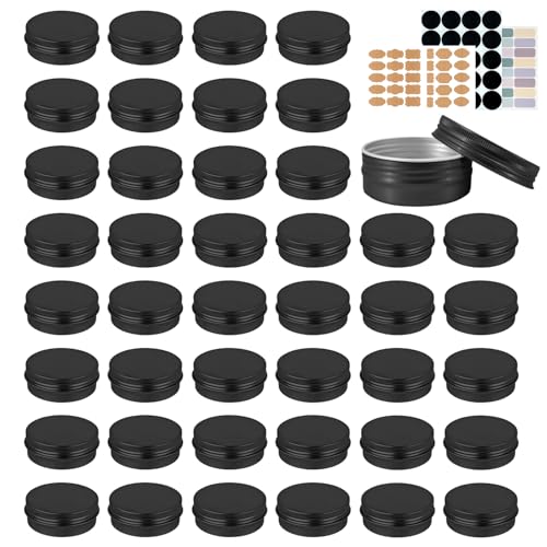 YQ 60 Pack 2oz Tins with Lids Salve Tins Round Aluminum Tin with Lids 2 oz Metal Tin Cans with Lid and Label Refillable Black Containers for Balm Beads Weeds Seeds Salve Spices and Homemade Candles