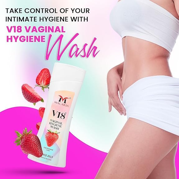 Image of V18 Vaginal Hygiene Wash for Women - Feminine Intimate Care with Strawberry Scent - Lactic Acid, Odor Control, & pH Balance - Gentle Daily Wash for Vagina, Genital Dryness, & Itching Relief
