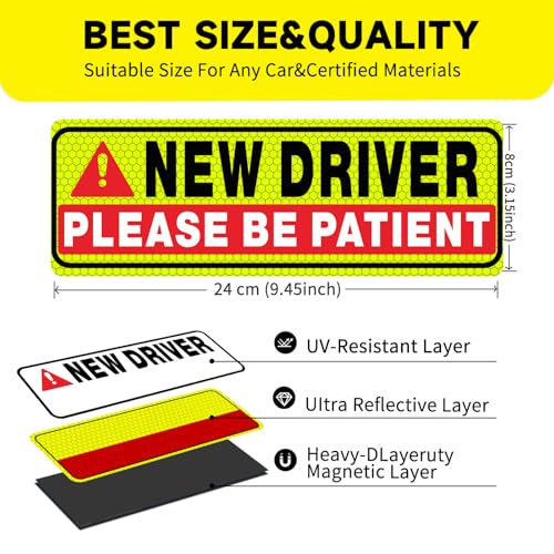 Image of New Driver Magnet for Car - Student Driver Magnet for car Safety Warning Please Be Patient Student Driver Magnet Reusable Movable Reflective Magnetic Black & Red for Car Bumper 4 Pcs