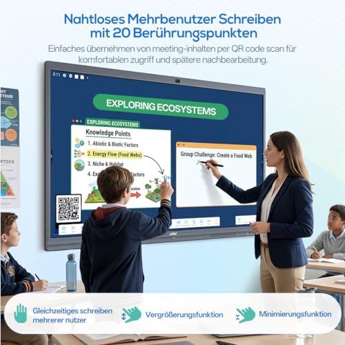 JAV Smart Board 86 Zoll Interaktives Whiteboard Google EDLA Zertifiziert Android 14 Digitales Elektronisches Whiteboard 8+128 GB Eingebaute 48MP AI Kamera für Büro Schule (Inklusive Wandhalterung)