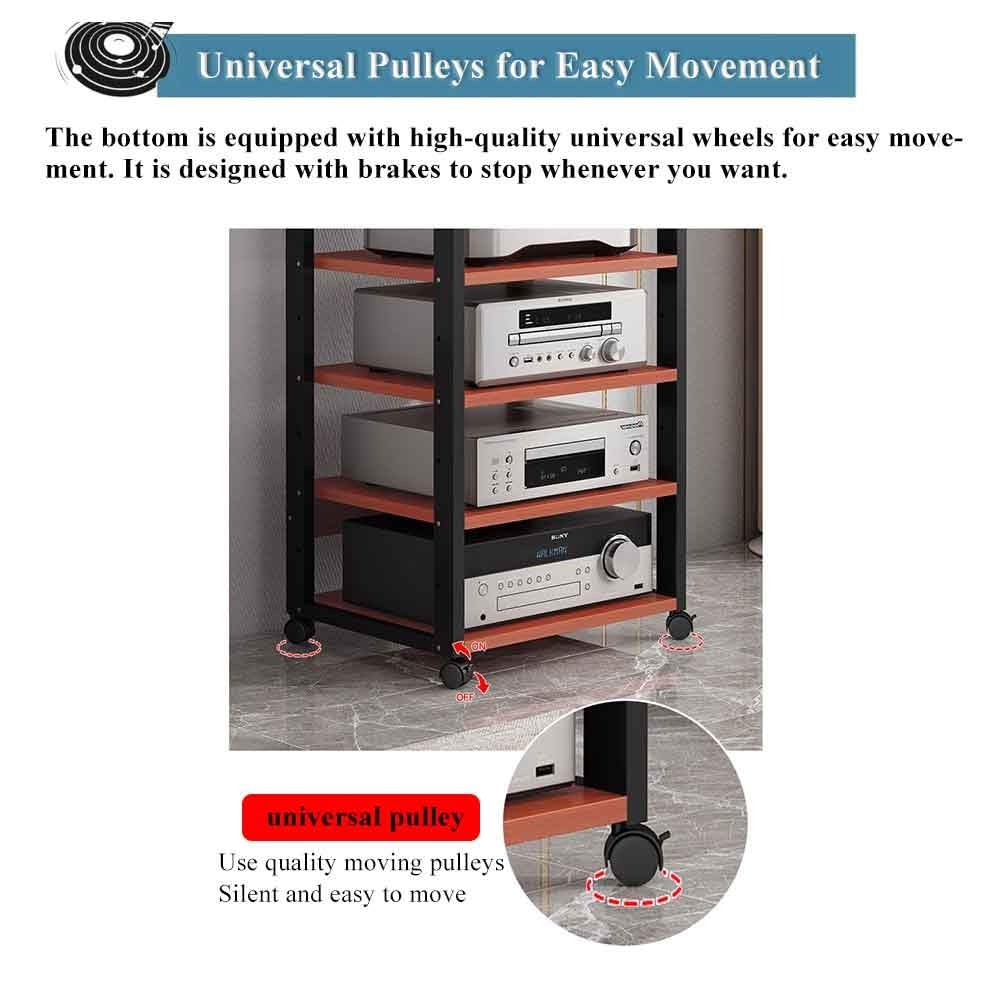 Mobile stereo hi fi rack hifi Av media stand a 7 livelli con ruote e supporto regolabile in altezza, armadio rack audio per soggiorno, sala teatro, ripiano rack amplificatore, centro intratte(Nero)