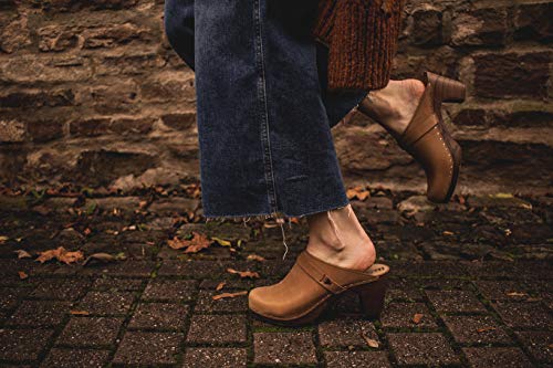 Sandgrens Swedish Clog Mules High Rise Wooden Heel for Women, US 4-4.5 | Maya Dexter Tan DK, EU 35