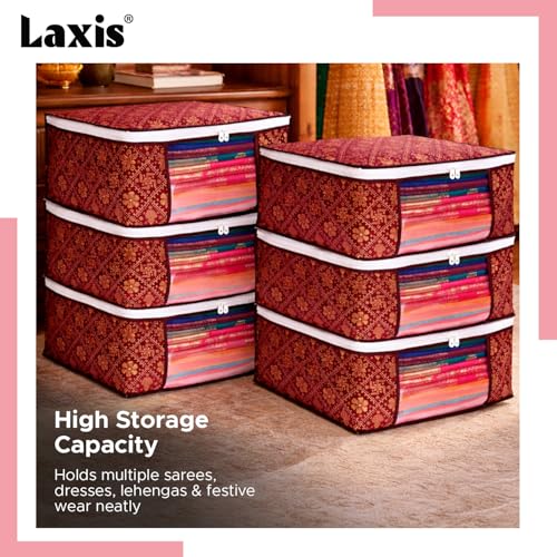 Image of LAXIS Saree Organiser for Wardrobe, Foldable Royal Print Saree Covers for Storage Set with Clear Window & Zipper, (Golden-Mahroon, Pack of 3)