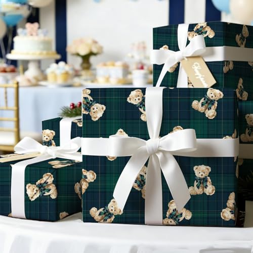 Whaline 8 Sheets Tartan Bear Wrapping Paper -Not Roll- Green Blue Plaids Bear Gift Wrap Paper Folded Flat for Baby Shower We Can Bearly Wait Birthday DIY Art Craft 19.7 x 27.6 Inch