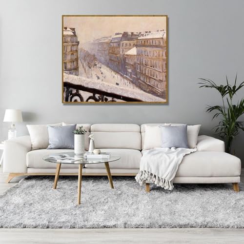 Tableau Impressionniste Avenue Enneigée 30x36cm Cadre Teck