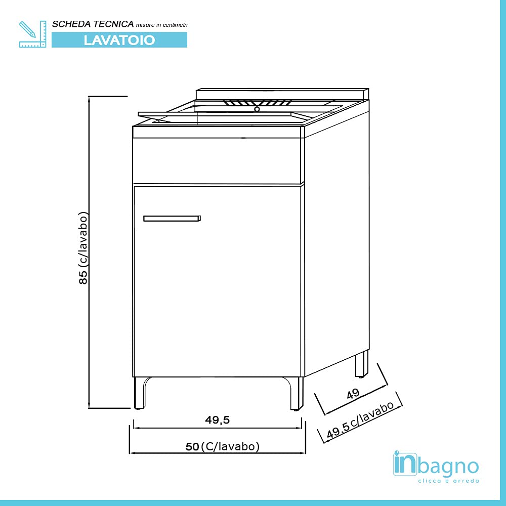 Mobile Lavatoio Moderno Grigio 50x50 Completo di Vasca in Resina E ASSE in Legno