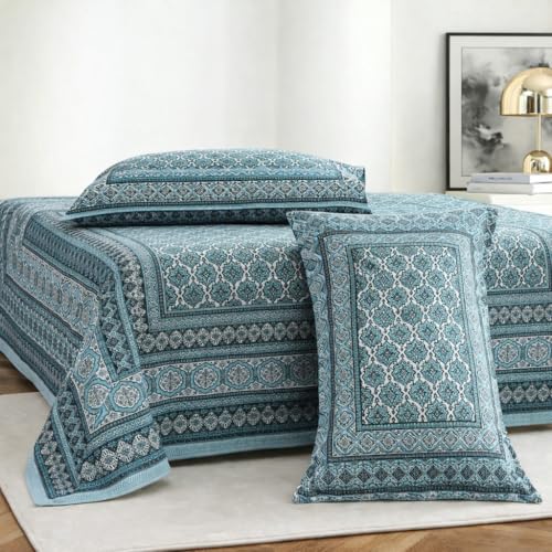 Image of ElanorHomes Cotton Double King Size Bedsheet | Hand Printed | Ultra-Soft & Skin-Safe | Breathable Summer Comfort | 90x108 inches with 2 Pillow Covers (Firozi Chhaon)