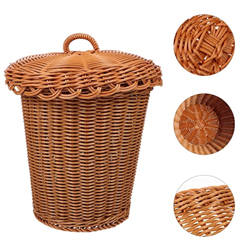 Image of Alipis Imitation Rattan Woven Trash Basket with Lid 12.20X9.64X9.44 Inch Desktop Garbage Bin for Home Office Study Storage Organizer Sundries Container