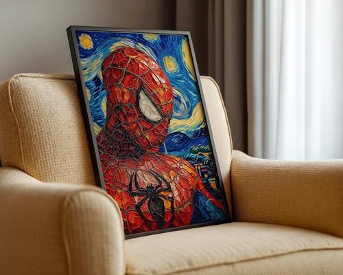 Image of Waltractive Engineered Wood Spiderman X Starry Night Wall Art Framed Poster Portrait - Perfect Wall Decor For Fans For Bedroom, Kids Room - Available In 33X23 & 48X33 CM (13X9 & 19X13 Inch)