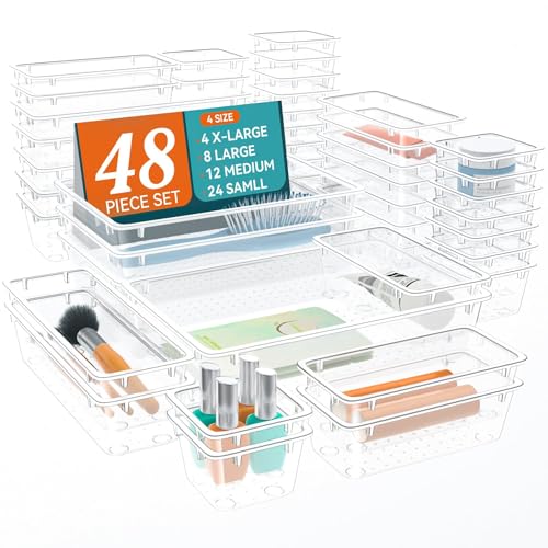 Image of ElegantArray 48 PCS Drawer Organizer Set, 4 Sizes Tool Storage Trays, Clear Plastic Makeup Vanity Organizer and Storage Bins for Makeup, Stationeries, Multiple Gadgets for Bathroom, Office, Bedroom