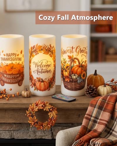 Image of 3PCS Orange Pumpkin Flameless Pillar Candle Battery Operated | Maple Leaf LED Candles with Timer Remote for Fall,Harves, Autumn,Thanksgiving