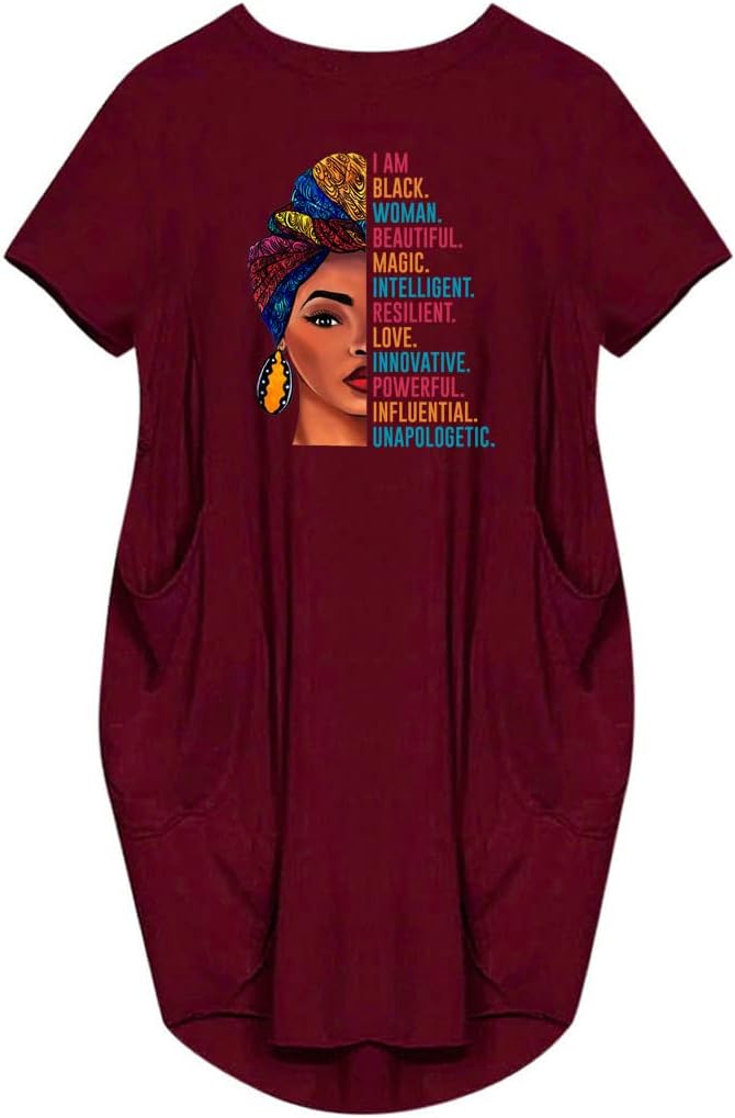 WbJetr I Am Black Woman Beautiful Magic Short Sleeve Loose Pocket Oversize Tunic Dress