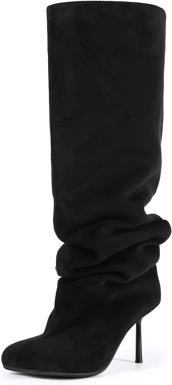 Saint Leia Women's Knee High Boots Square Toe Stiletto Heel Pull on Fashion Elegant Suede Slouchy Boots
