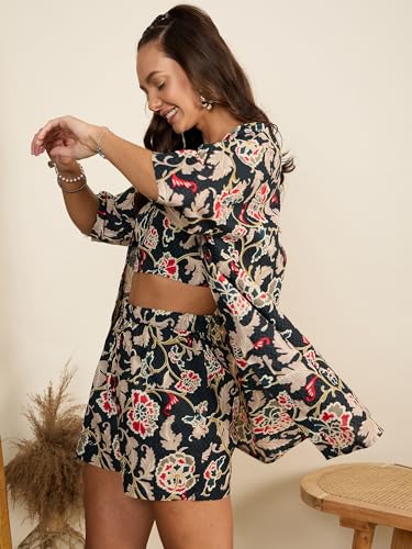 Image of WineRed Cotton Woman Beige 3Pcs Coord Set With Shorts, Floral