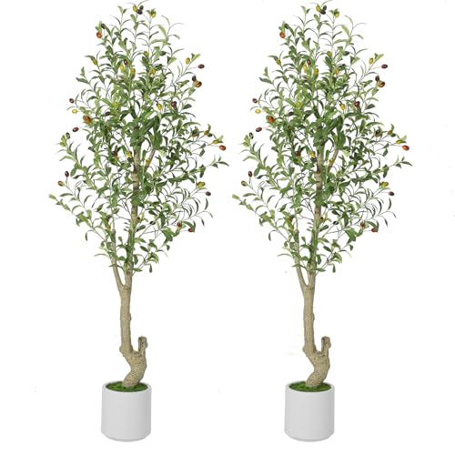 GarveeHome Faux Olive Tree 5ft, Olive Trees Artificial Indoor with White Planter, Artificial Silk Plants with Green Leaves and Big Fruits for Home Office DéCor Living Room Bedroom Stairs Foyer,2 Pack