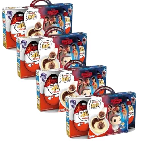 4X Paquete de 4 para Kinder Joy Edición Stranger Things, paquete de 4 con 3 huevos sorpresa cada uno, edición especial de Netflix, 60 g