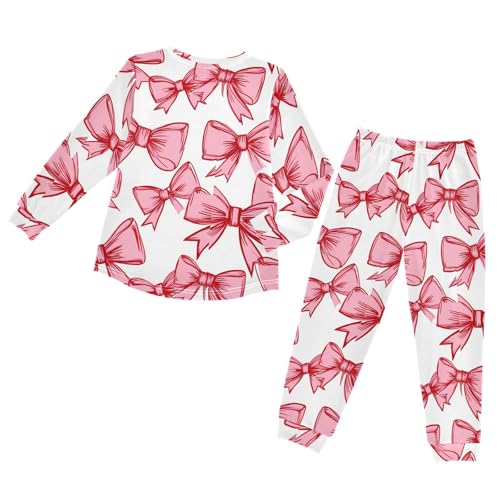 Pink Bows on White Soft Pajama Set for All Seasons,Breathable Pjs Long Sleeve Sleepwear,Comfy Loungewear 2 Piece Underwear Set 3T2