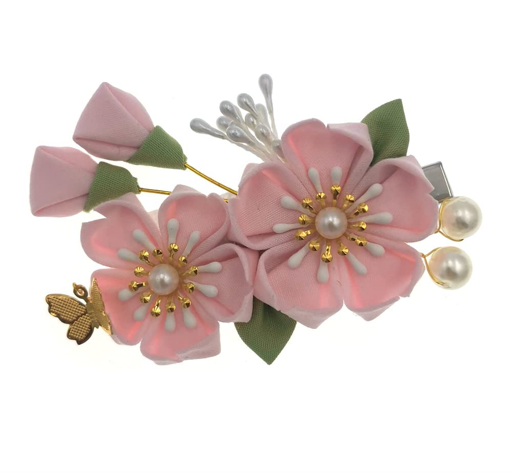 Japanese Women Pink Cherry Blossoms Hair Clip,Kimono Flower Tsumami Hairpin Band Clip Hair Stick Accessories for Women Girls (Style B)