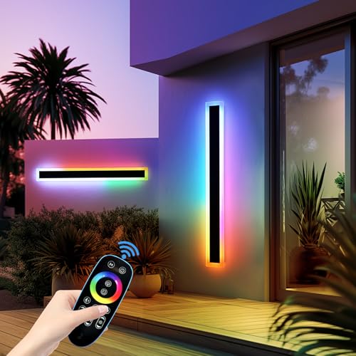 Mikeru Upgraded Widened RGB Long LED Wall Lights, 2Pack 47.2inch Outdoor Sconces RGB/Warm/White Dimmable Outdoor Wall Lights Exterior Front Porch Light Ip65 Waterproof Wall Sconce with Remote Control