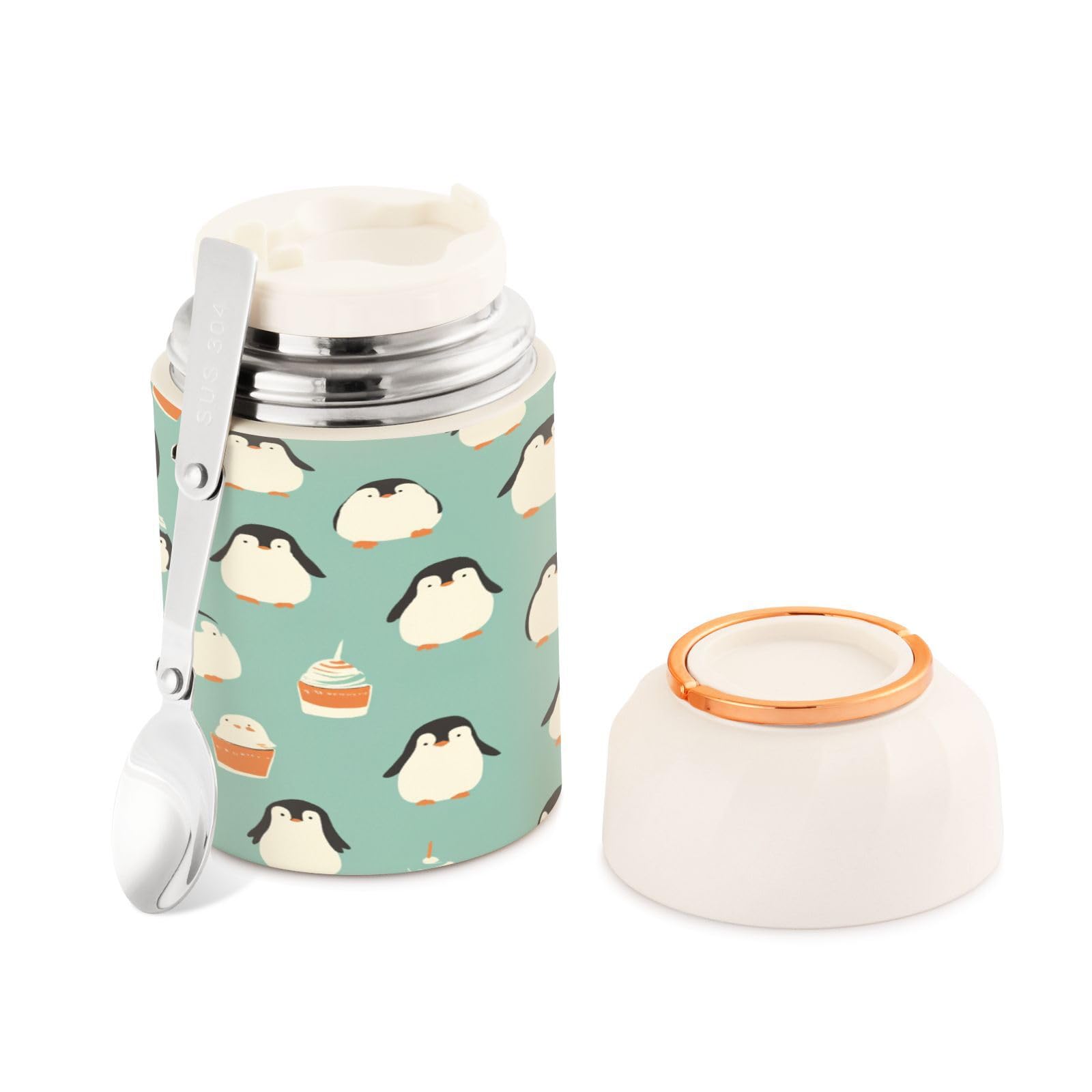 Ewusp Cute Penguins Food Flask for Adults 500ml Stainless Steel Double Walled Vacuum Insulated Food Jar with Folding Spoon BPA Free Leakproof Soup Container