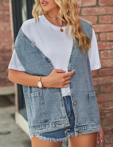 Denim Jean Vest for Women Oversized Lightweight Collarless Sleeveless Button Down Denim Waistcoat Jacket3