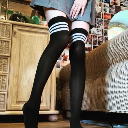 Image of AQOKKA Thigh High Socks for Women Striped Over Knee Thigh Socks Long Boot Thigh High Stockings Leg Warmers for Girls
