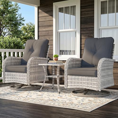 Image of 3-Piece Small Patio Furniture Set, Outdoor Swivel Rocking Chairs Set with Wicker Chairs and Tempered Glass Side Table, Outdoor Furniture Patio Bistro Set for Balcony, Deck, Porch