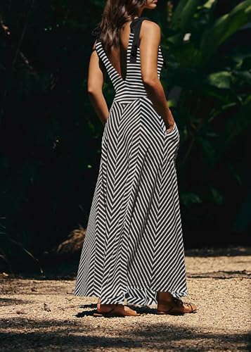 Image of Women Summer Flowy Striped Dresses Smocked V Neck Tank Top Beach Dress Sleeveless Sundress Long Dress with Pockets Black
