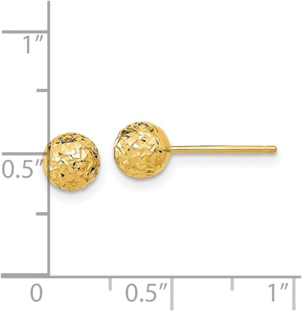 14k Solid Yellow Gold 6mm Sparkle-Cut Ball Post Earrings 6x6mm Wide Ball Earring for Women