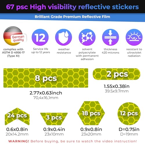 Image of LOOM Reflective Stickers | 67pc Brilliant Fl-YEL-Grn | Reflective Stickers for Helmet, Bike, Motorcycle, Hard Hat | Waterproof Reflectors for Car, Trailer | Bike Reflectors for Night Riding
