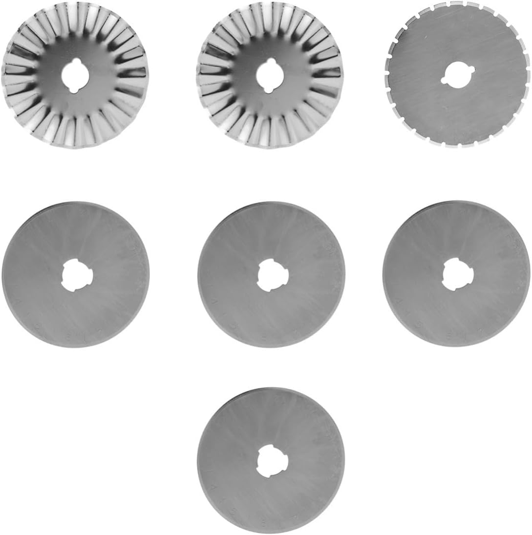 Veemoon 7 Pcs Rotary Cutter Blades Set with Storage Case Steel Fabric Cutting Blades for Cutting Multiple Layers Includes 4 Straight 1 Dashed for Home and School Use